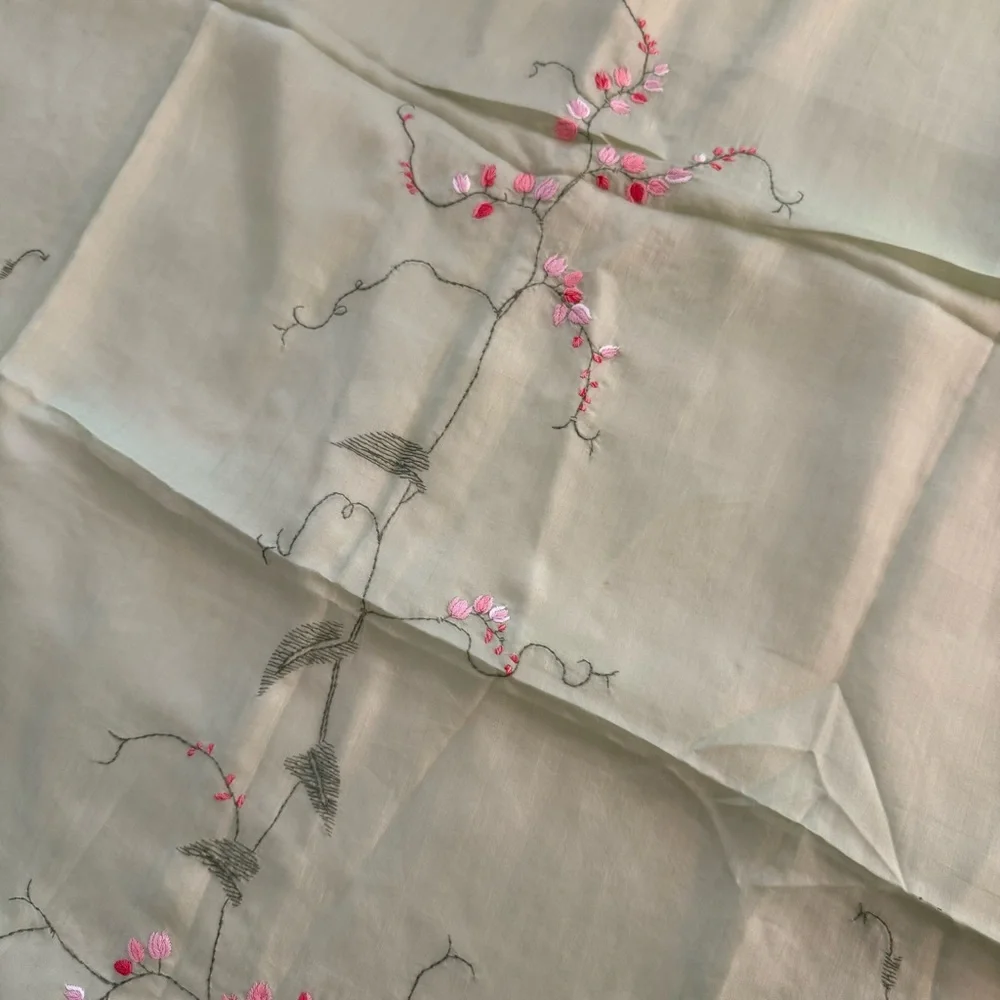 Elegant Floral Embroidered Silk Scarf in Light Green